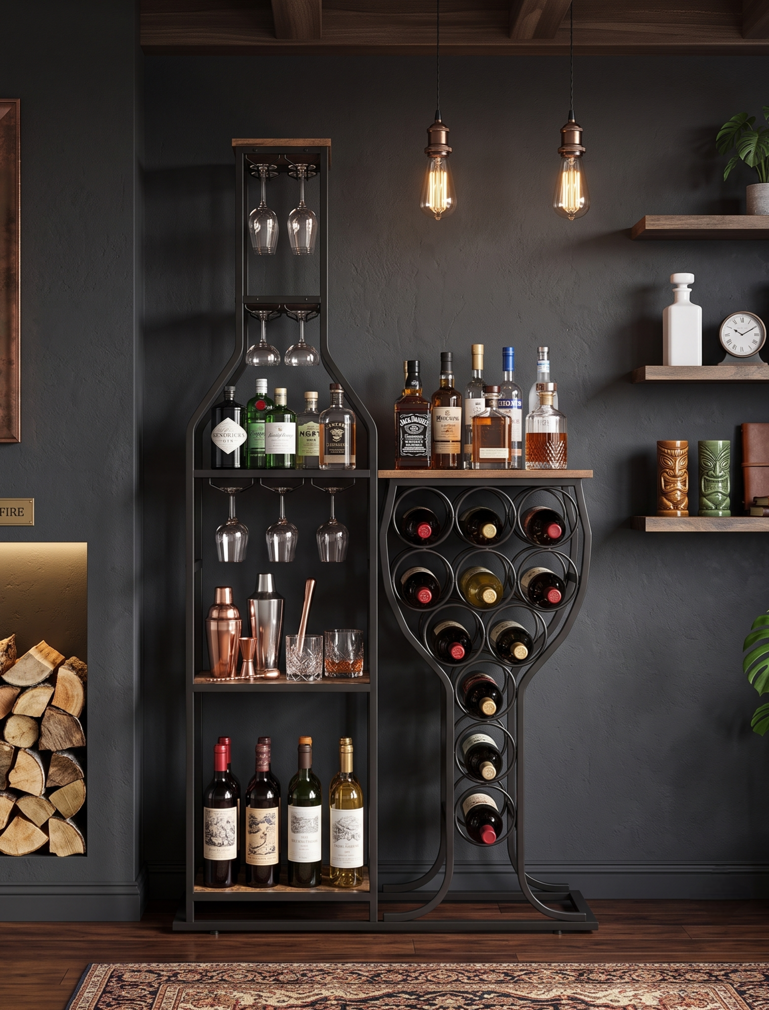 Freestanding wine rack and bar shelving unit minimal setting