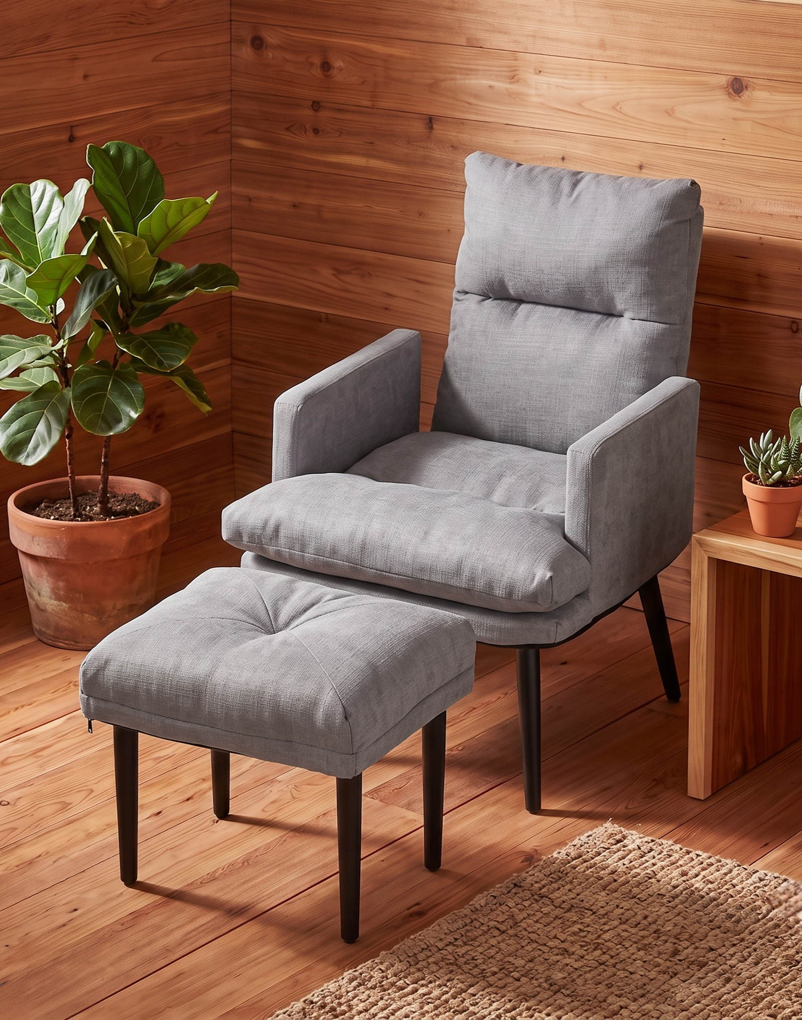 Grey recliner armchair and footstool in natural wood room setting