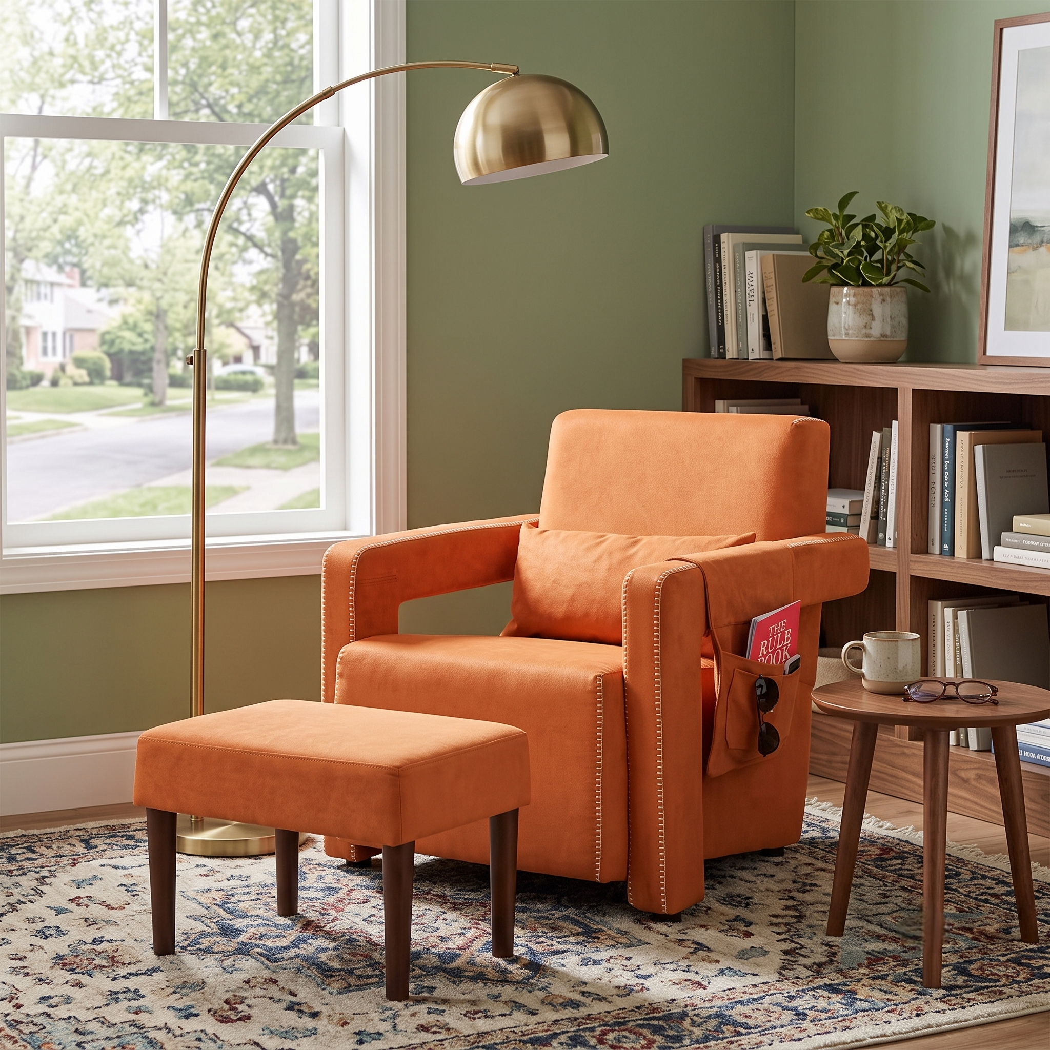 Orange accent chair and footstool in green living room with gold arc lamp
