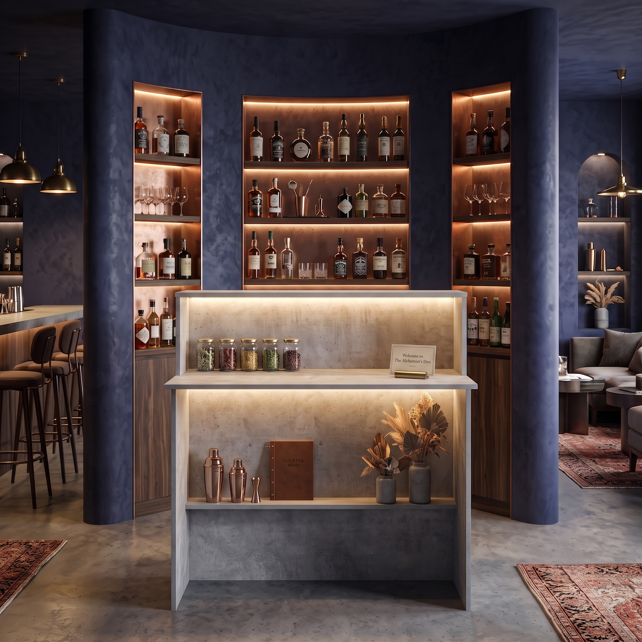 Grey Stone Effect LED Home Bar with Stools (1m)
