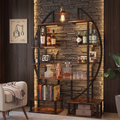 Single crescent moon shelving unit with LED lights against stone wall