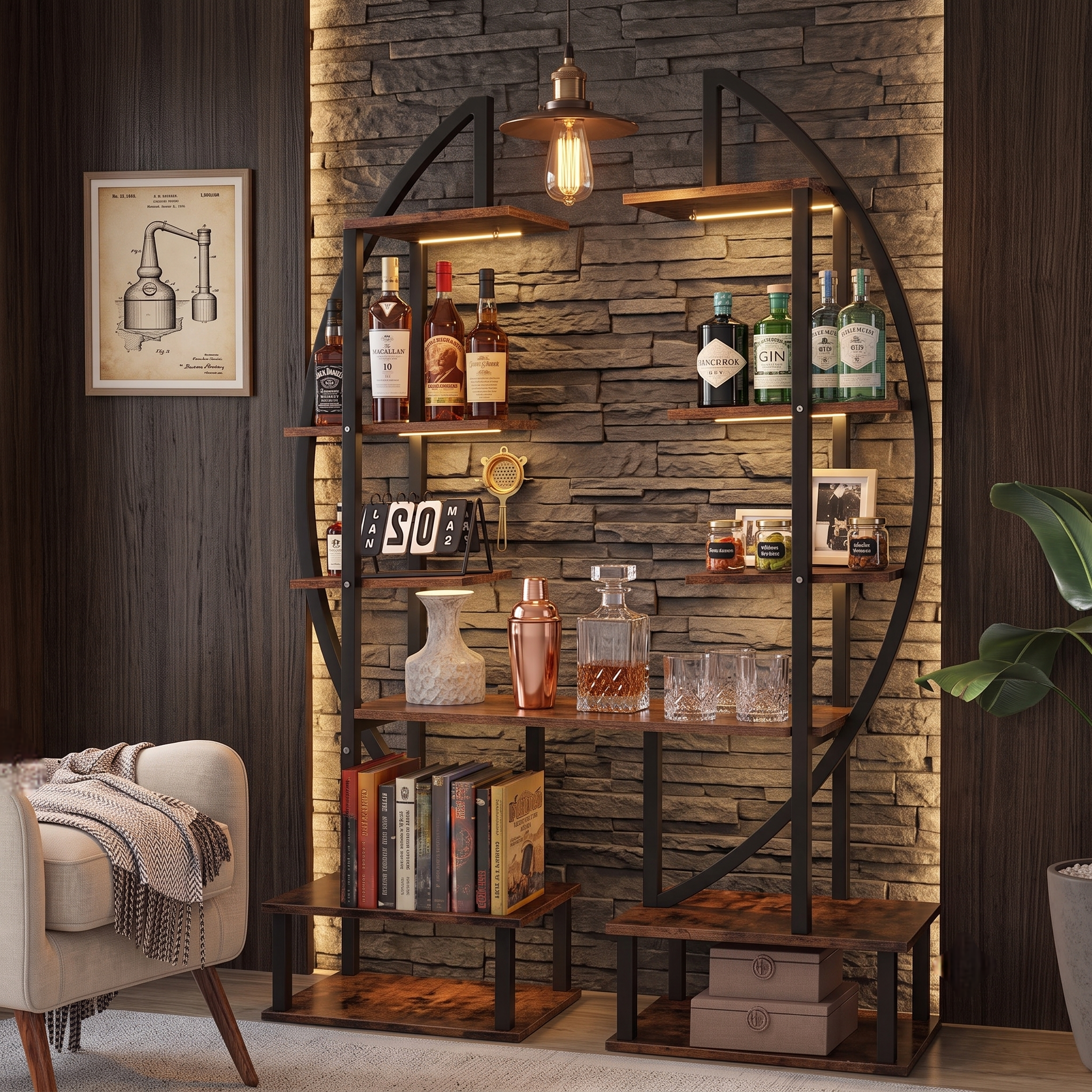 Single crescent moon shelving unit with LED lights against stone wall