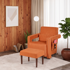 Orange accent chair with footstool on white rug against wood panel wall
