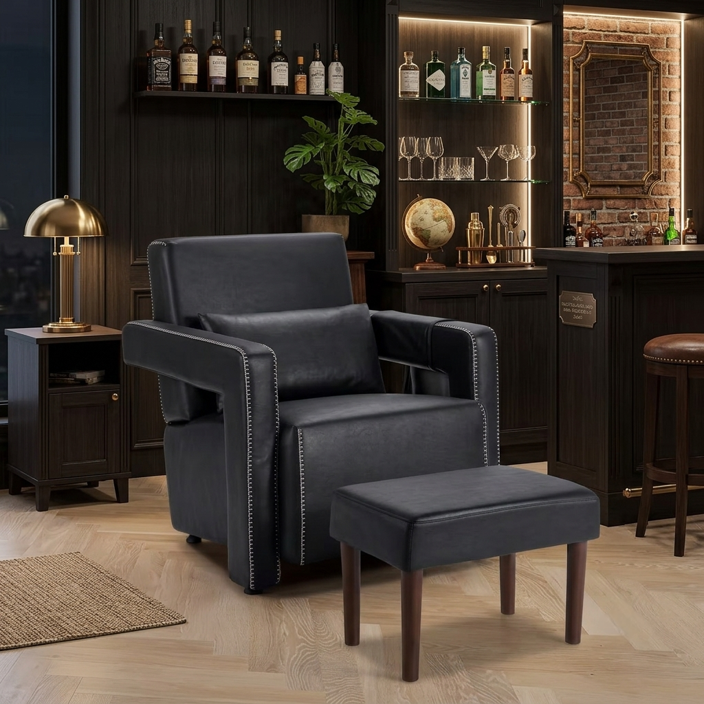 Black leather accent chair with footstool in home bar setting