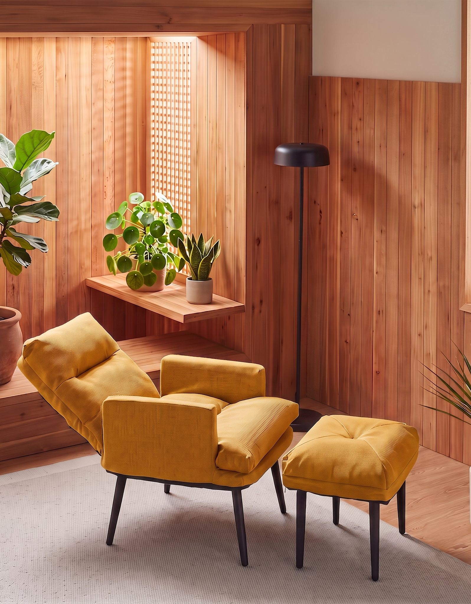 Yellow recliner armchair and footstool in warm wood-panelled room