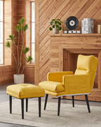 Yellow recliner armchair with footstool next to fireplace in wood cabin room