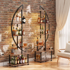 Crescent moon curved shelving unit against exposed brick wall