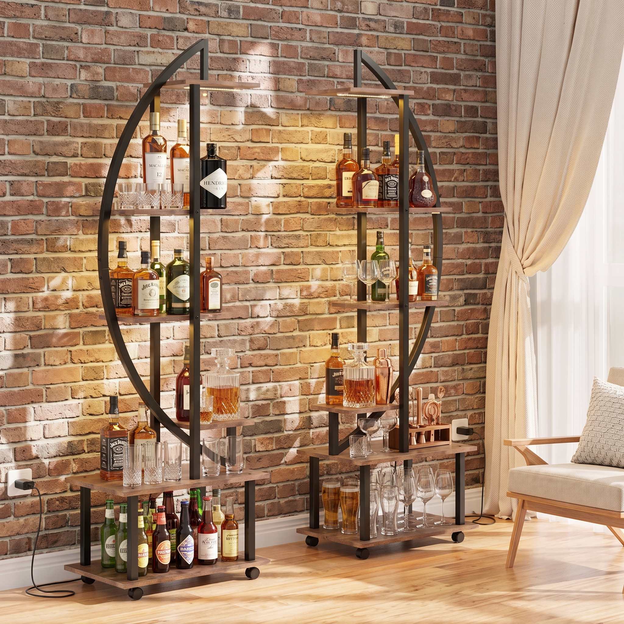 Crescent moon curved shelving unit against exposed brick wall