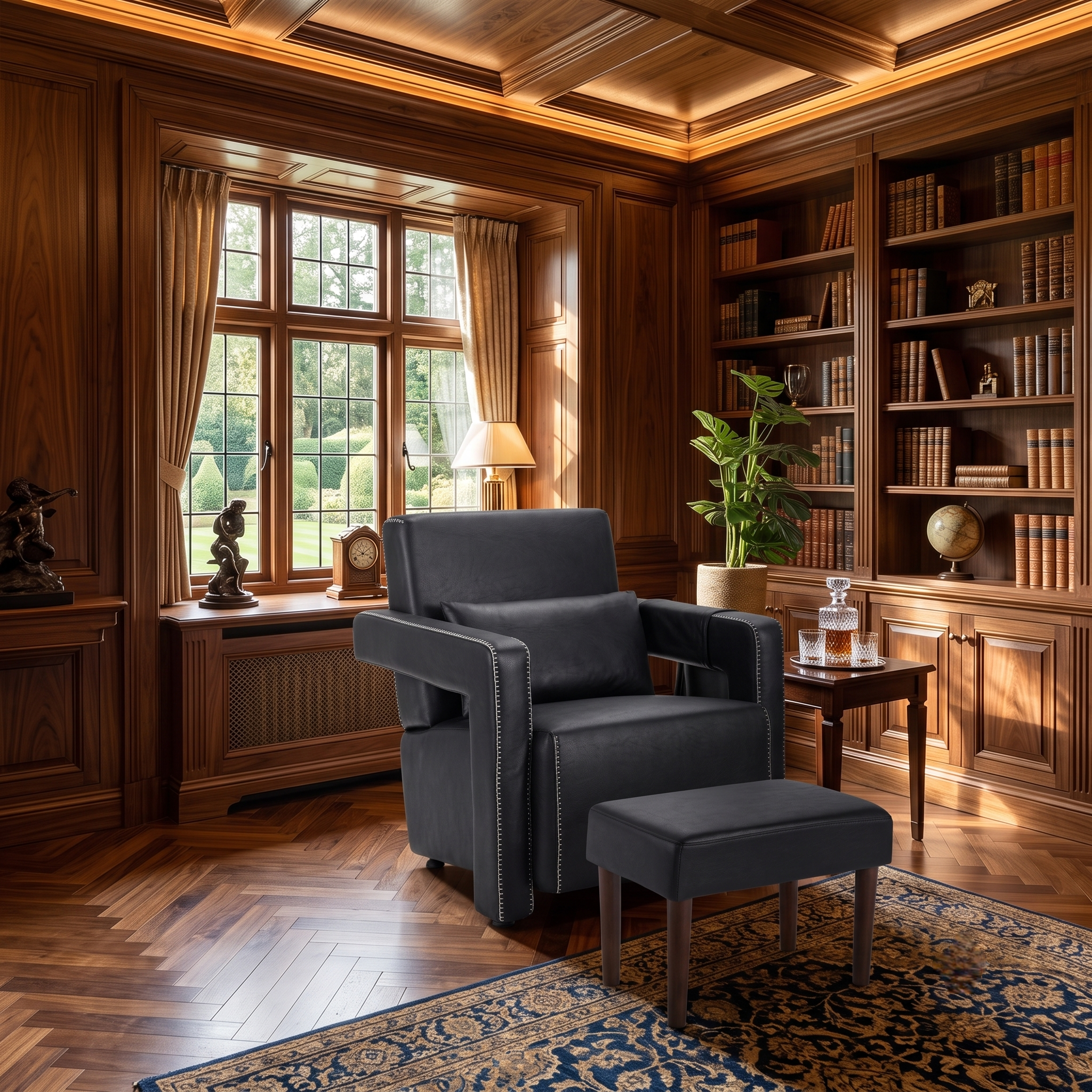 Black leather accent chair with footstool in sunlit wood-panelled study