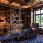 Black leather accent chair and footstool in dark wood library with brass lamp