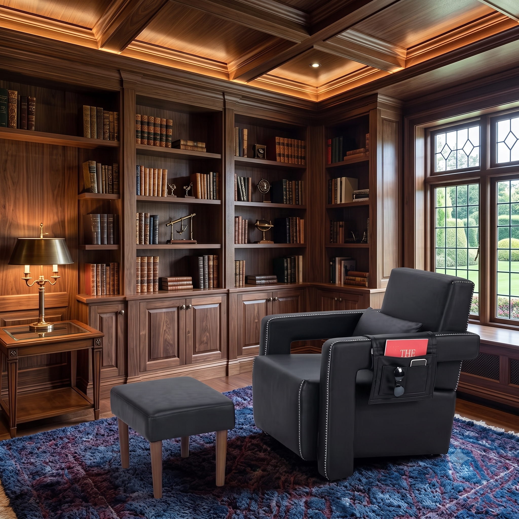 Black leather accent chair and footstool in dark wood library with brass lamp