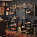 Heart shaped shelving units with Edison bulb string lights and cocktail bar setup