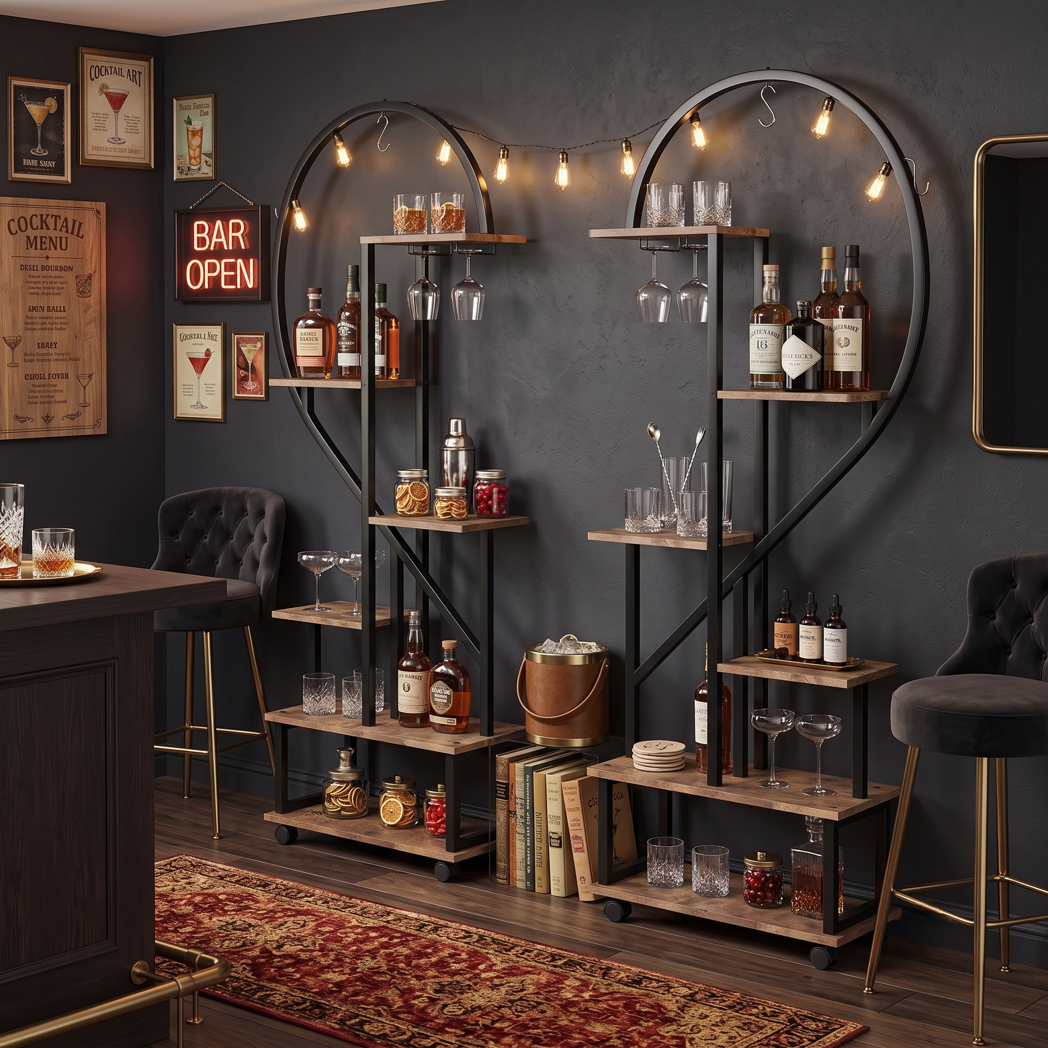 Heart shaped shelving units with Edison bulb string lights and cocktail bar setup
