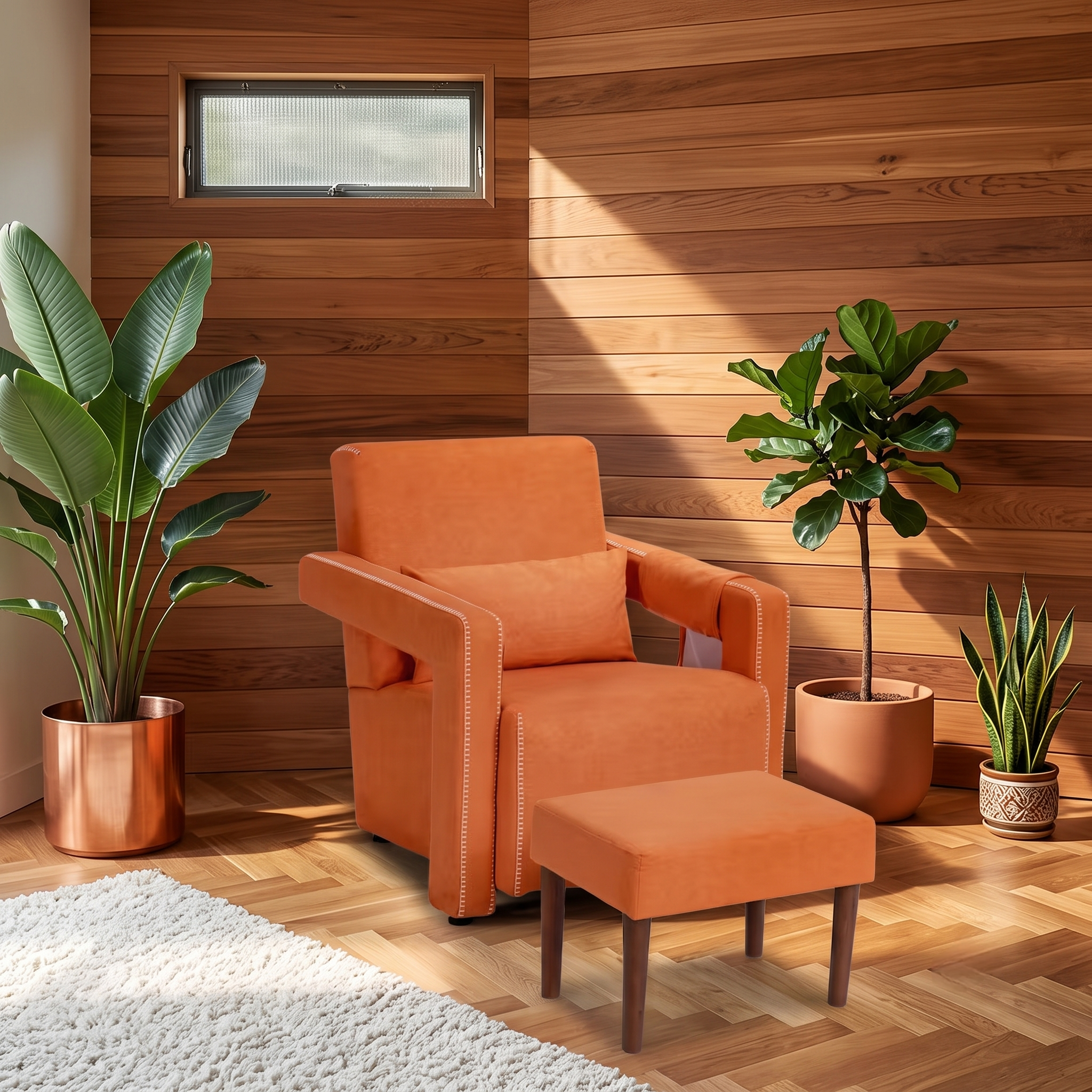 Orange accent chair and footstool surrounded by tropical plants on herringbone floor