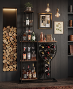 Freestanding wine rack and bar shelving unit in dark setting