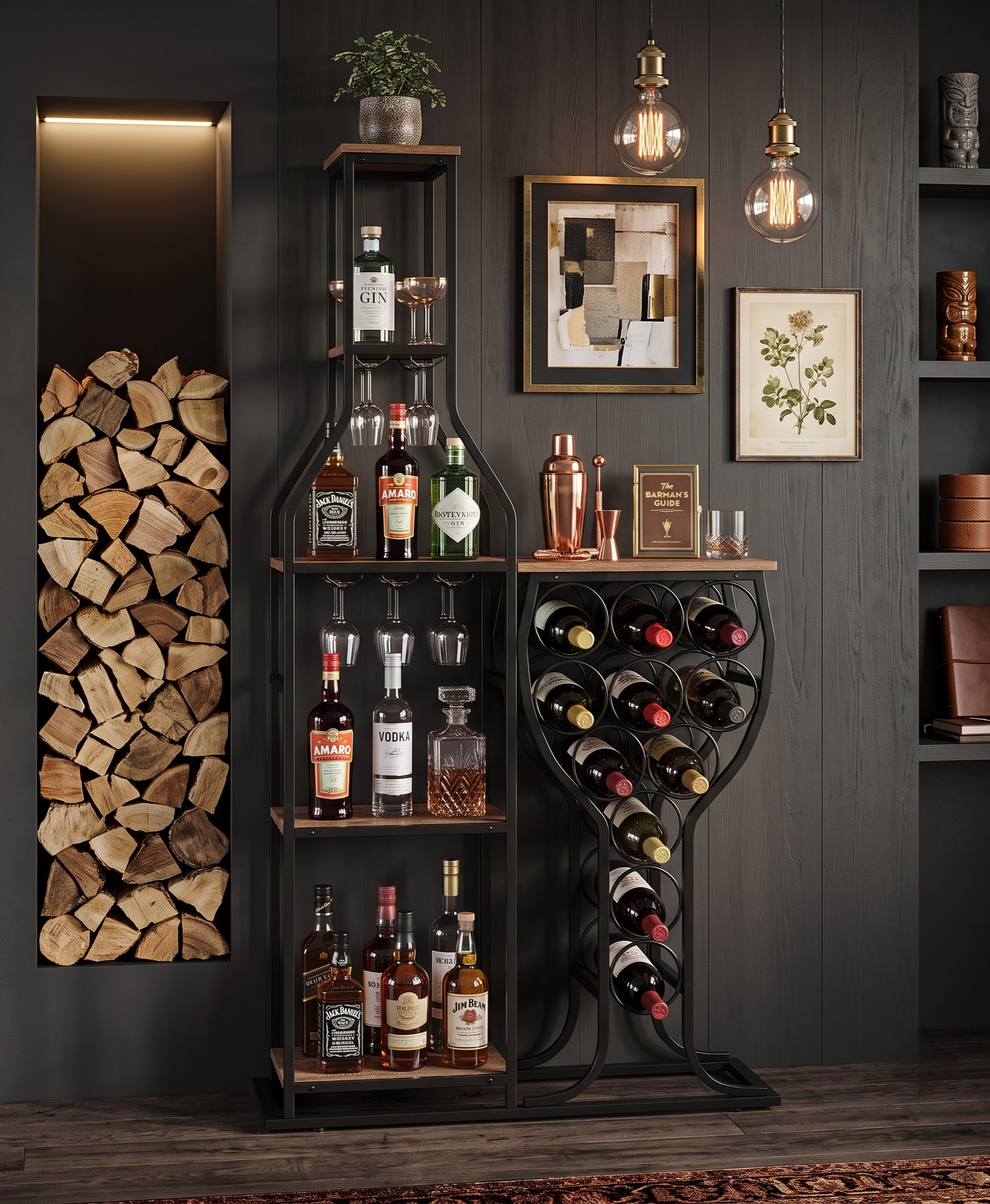 Freestanding wine rack and bar shelving unit in dark setting