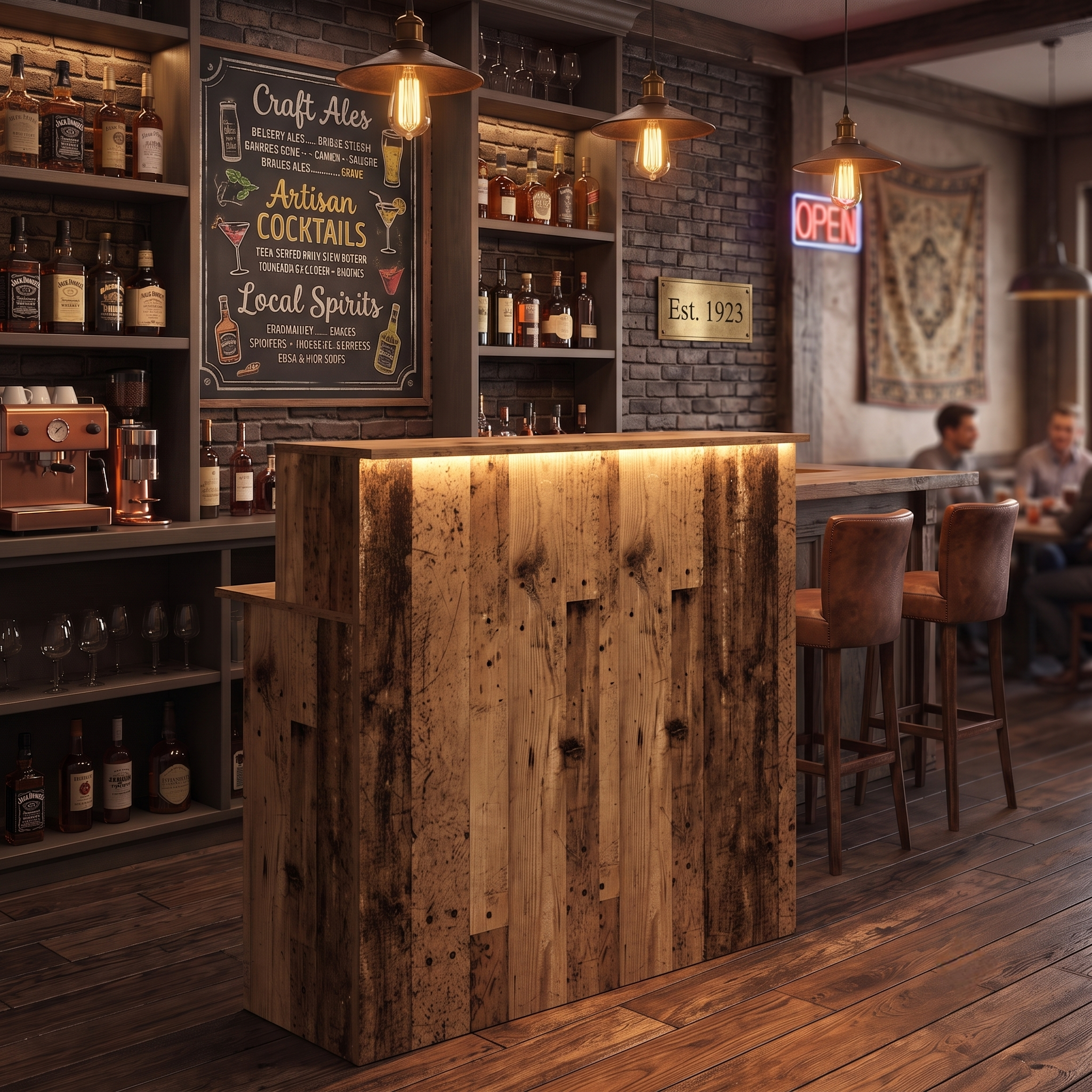 Old Wood Effect LED Home Bar with Matching Stools (1m)