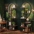 Heart shaped shelving units in green room with plant display