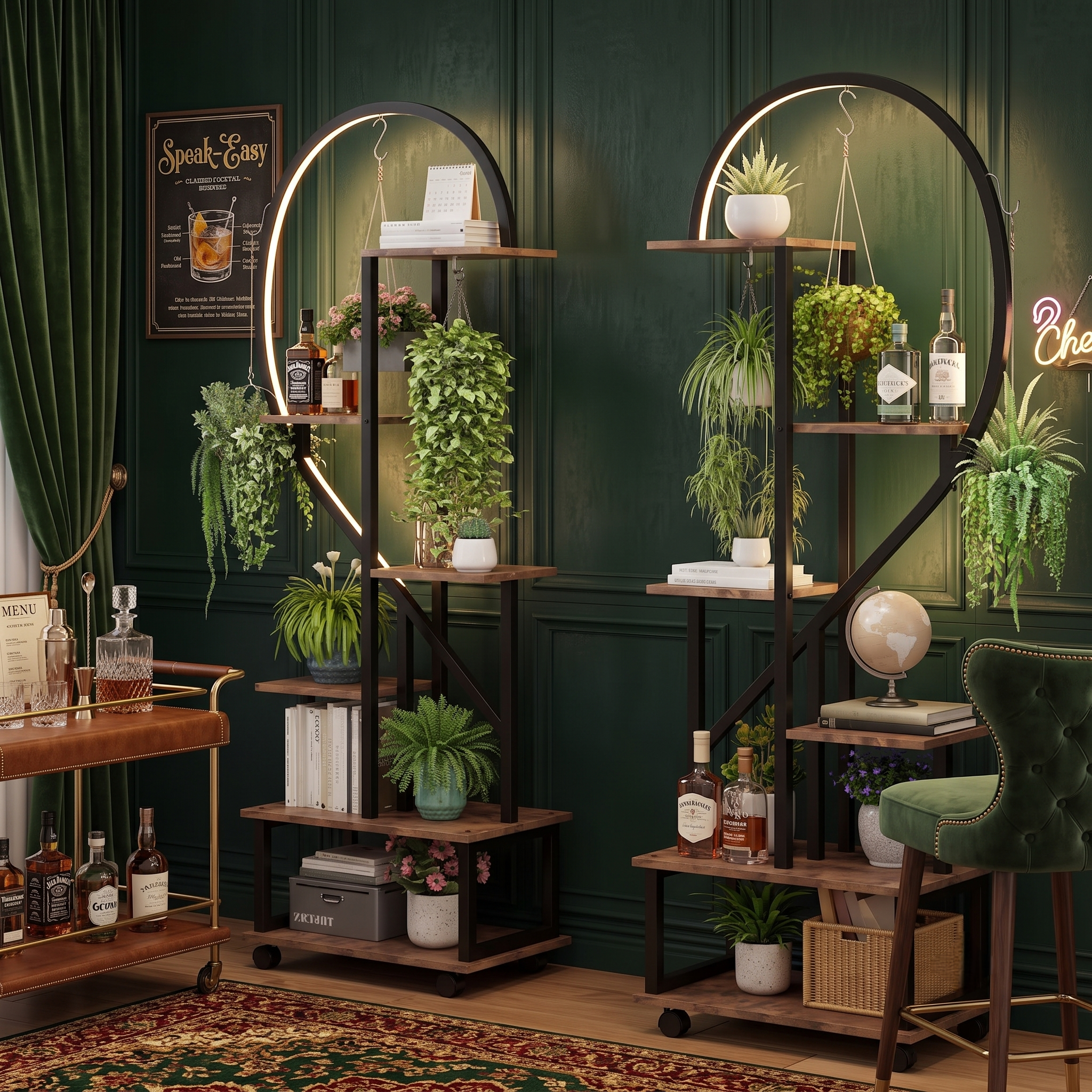 Heart shaped shelving units in green room with plant display