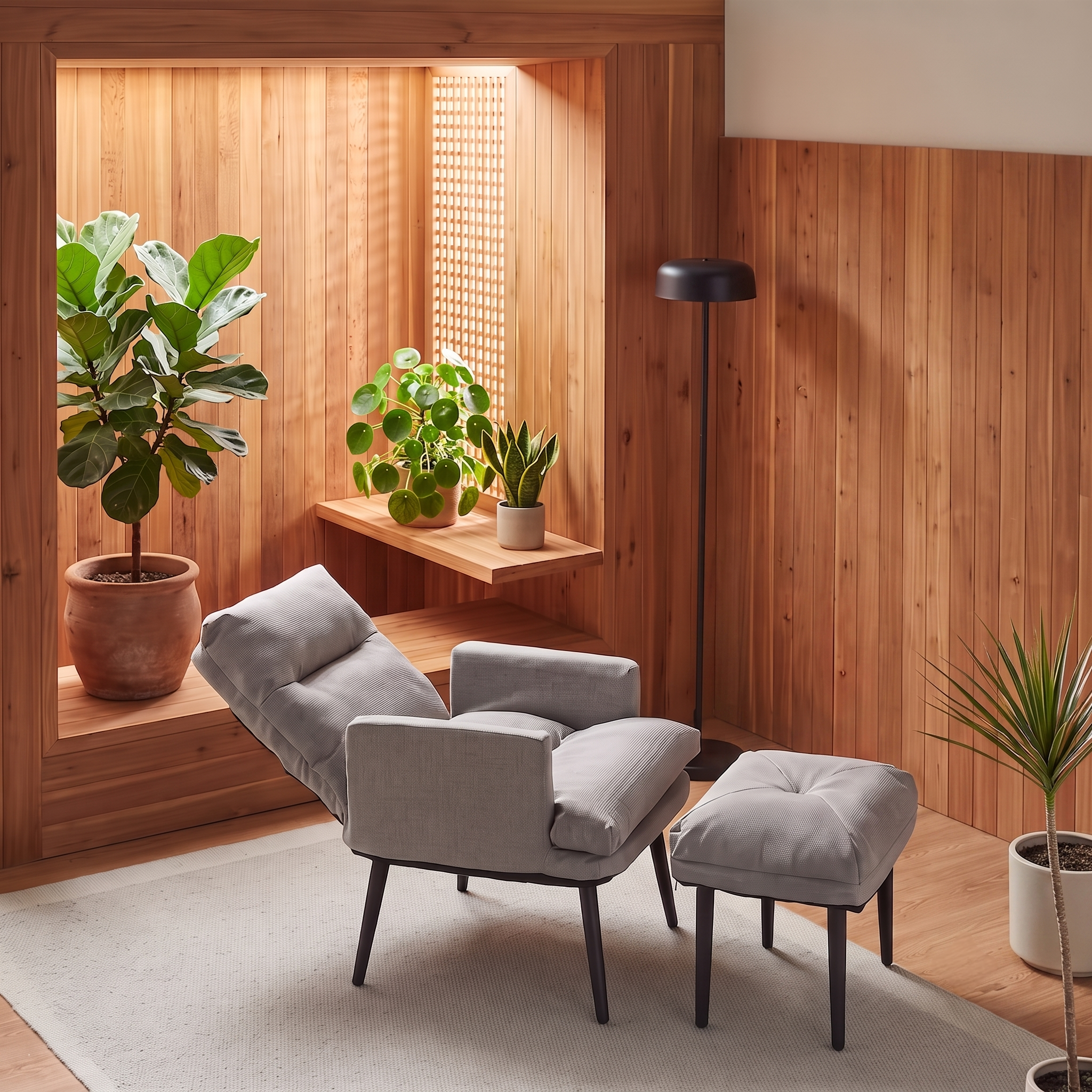 Grey recliner armchair and footstool in bright Scandi-style living room