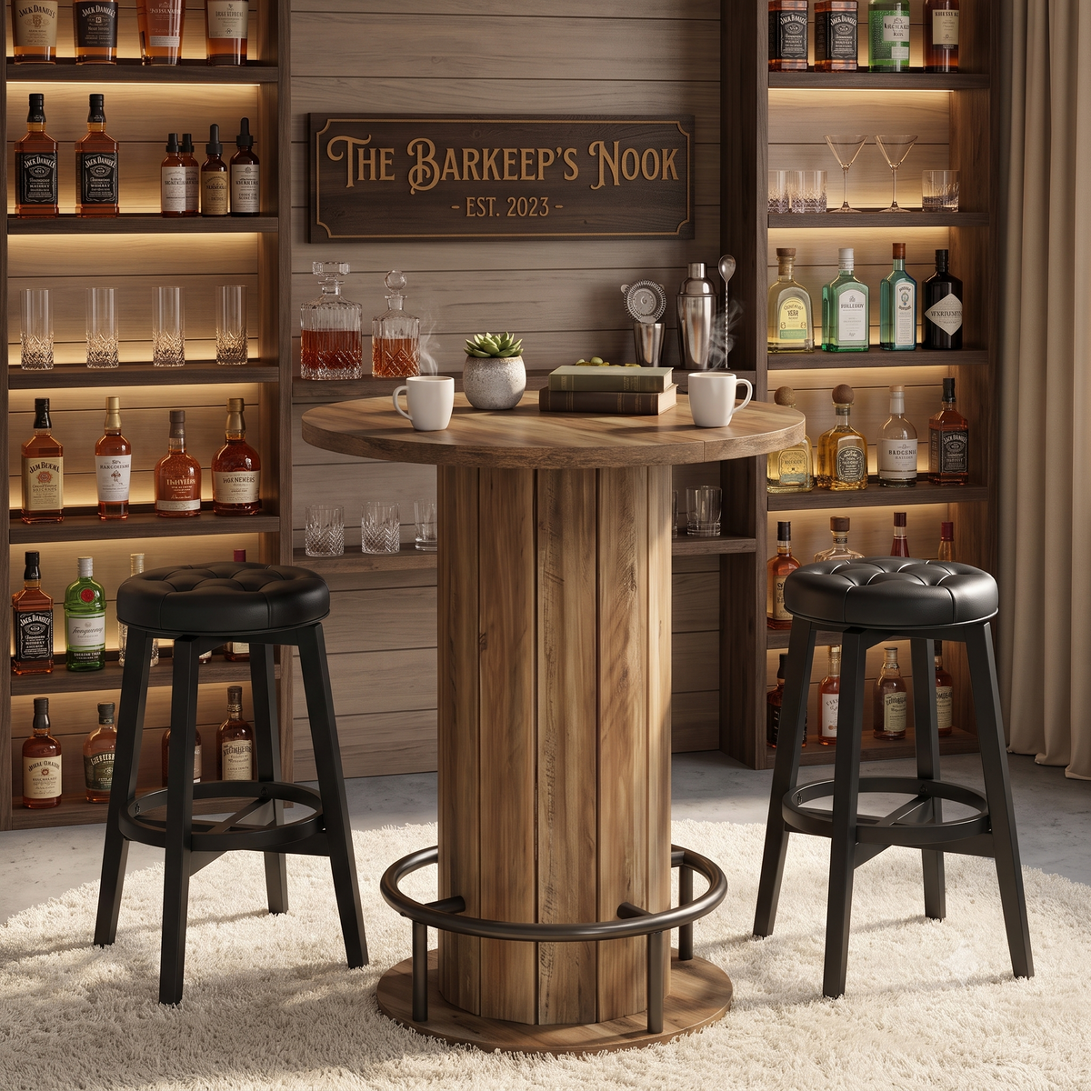 LED lit rustic bar table with black leather stools