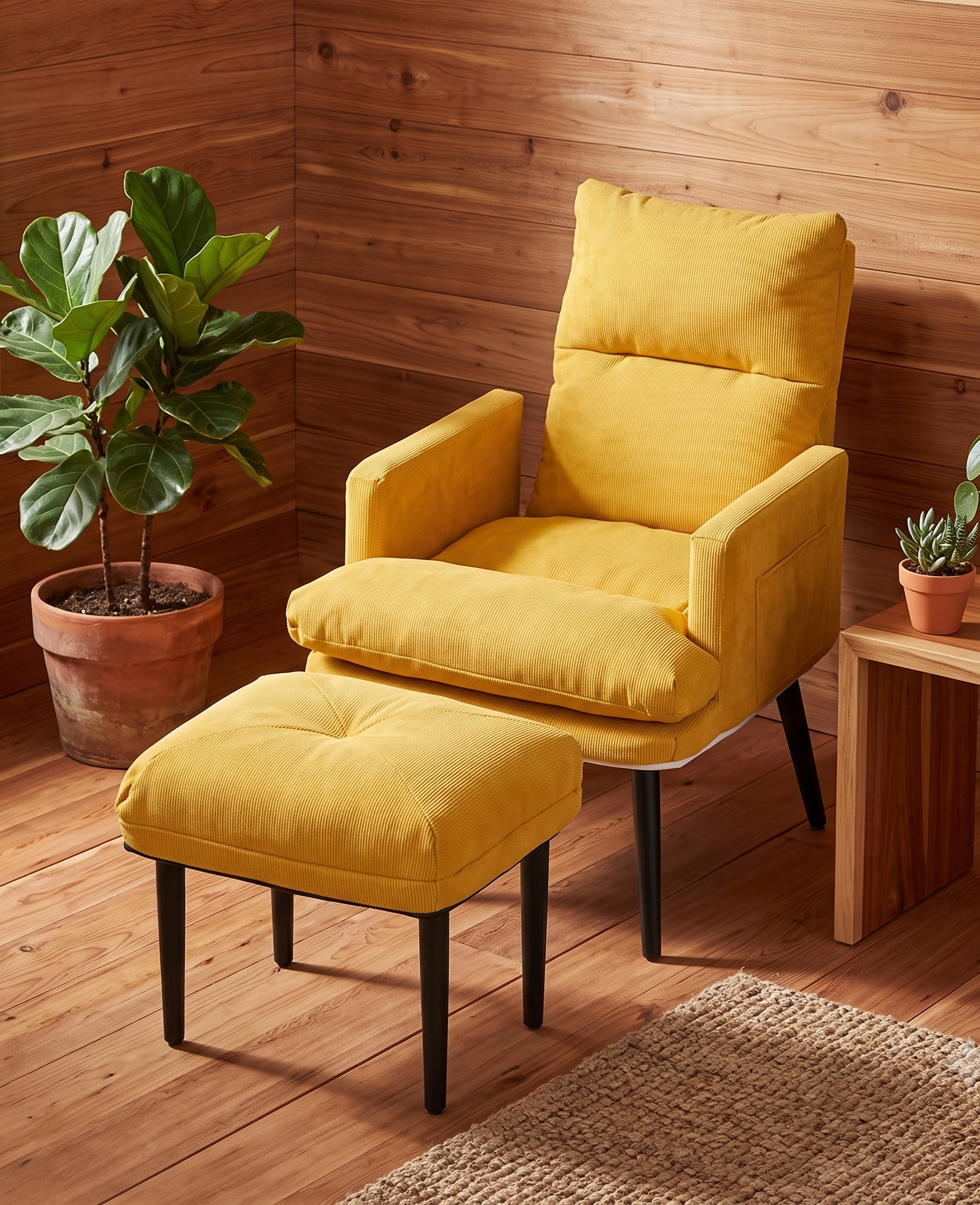 Yellow recliner armchair and footstool on wooden floor with plants
