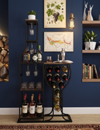 Freestanding wine rack and bar shelving unit with blue wall