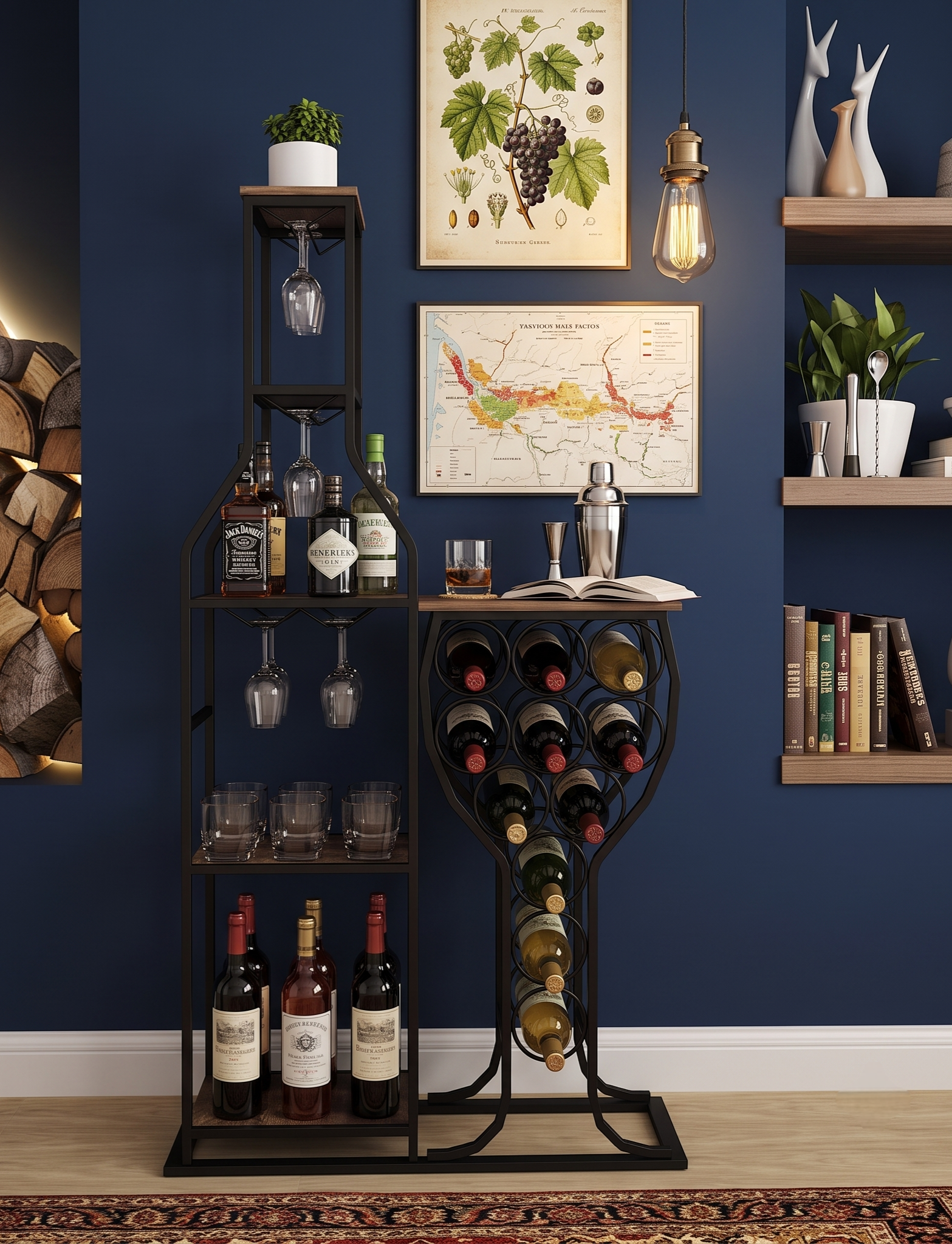 Freestanding wine rack and bar shelving unit with blue wall