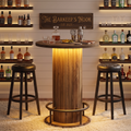 Rustic bar table and stools on a balcony garden setting