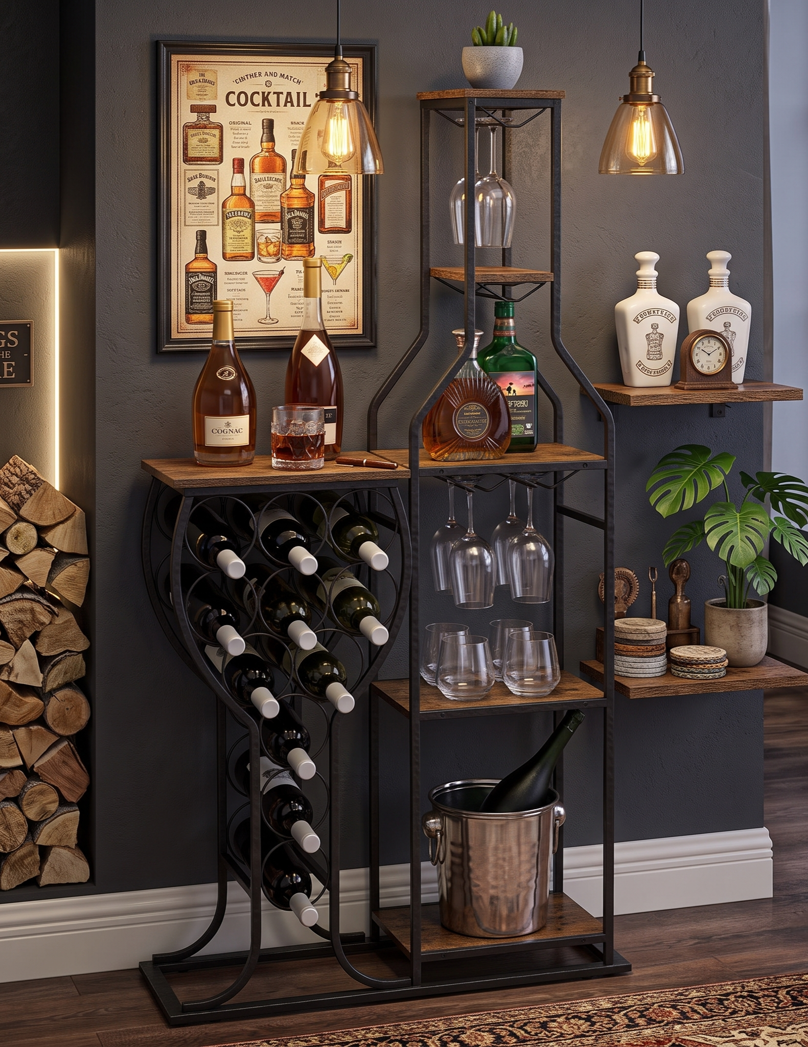Freestanding wine rack and bar shelving unit with cocktail poster
