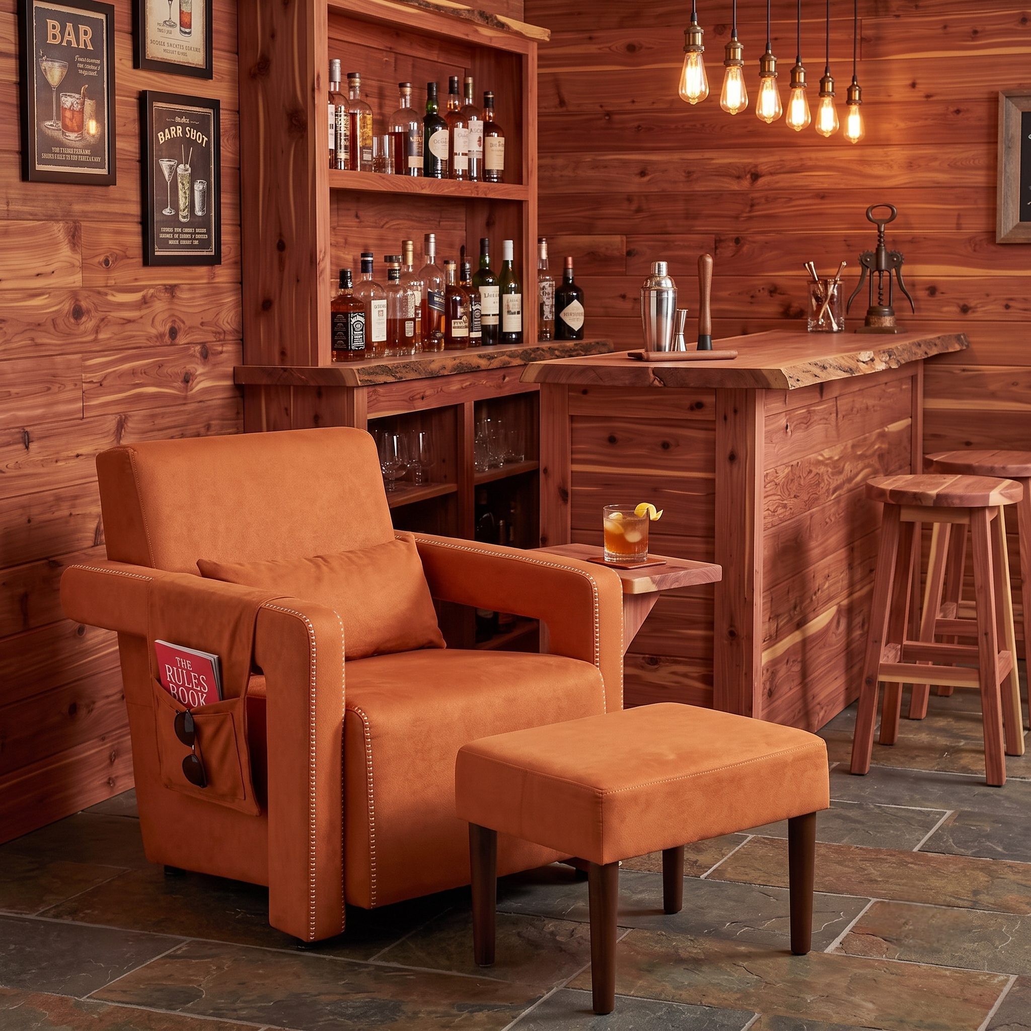 Orange accent chair with footstool in rustic home bar setting with Edison bulb lights