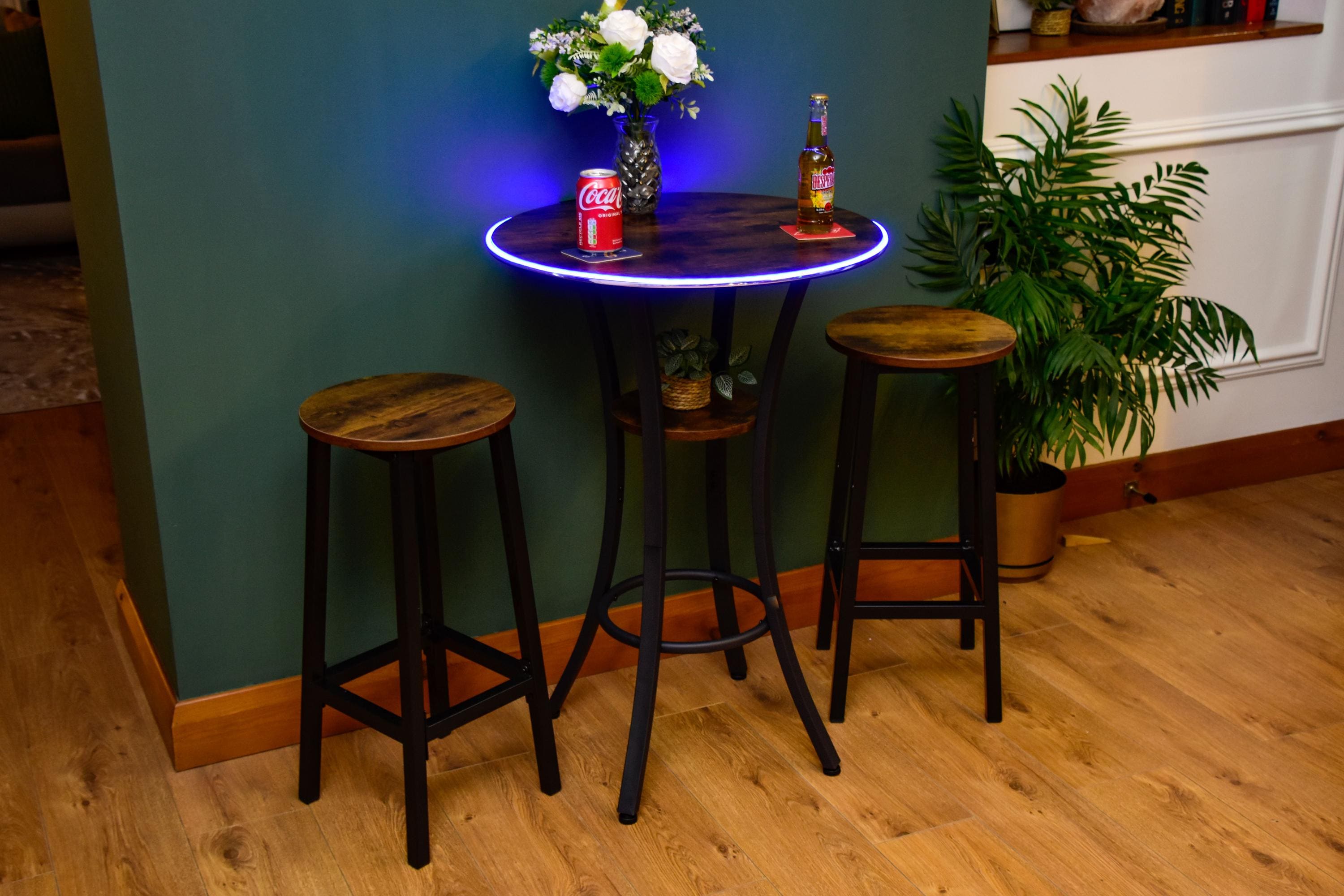 Rustic LED Round Industrial Dark Wood Bar Table with Matching Stools - For Bars, Restaurants & Home Dining