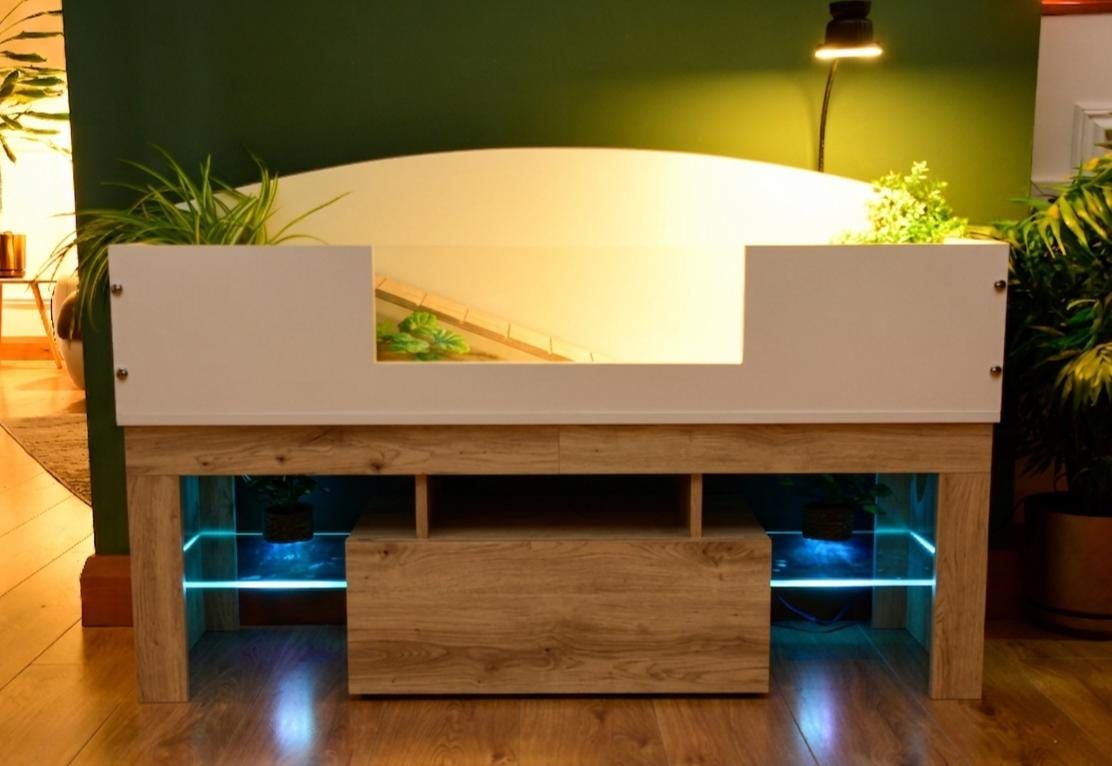 4ft x 16" x 15" Open Top Tortoise Table + Artisan Oak Effect LED Stand and Glass Window