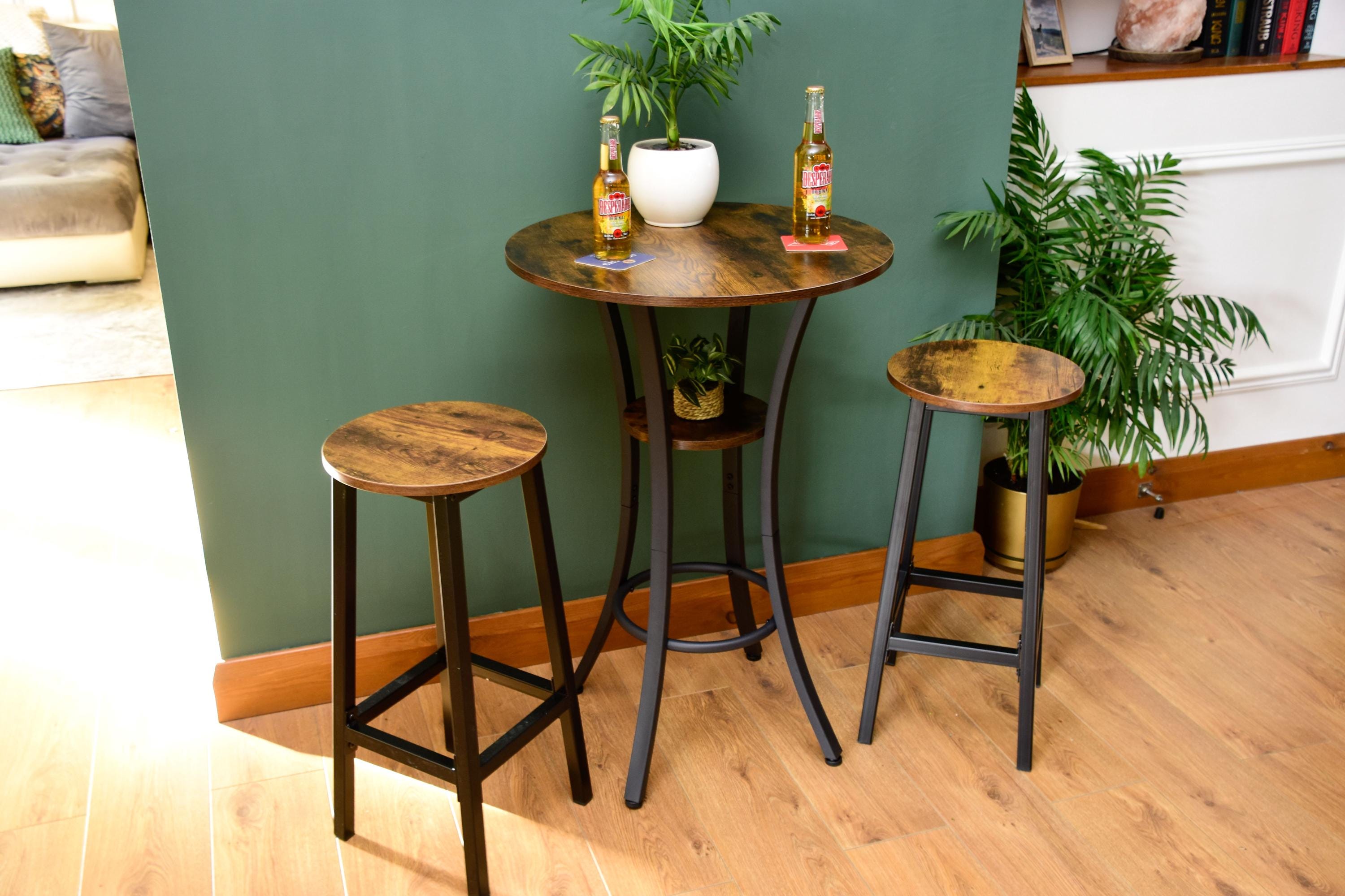 Rustic Round Industrial Dark Wood Bar Table with Matching Stools - For Bars, Restaurants & Home Dining