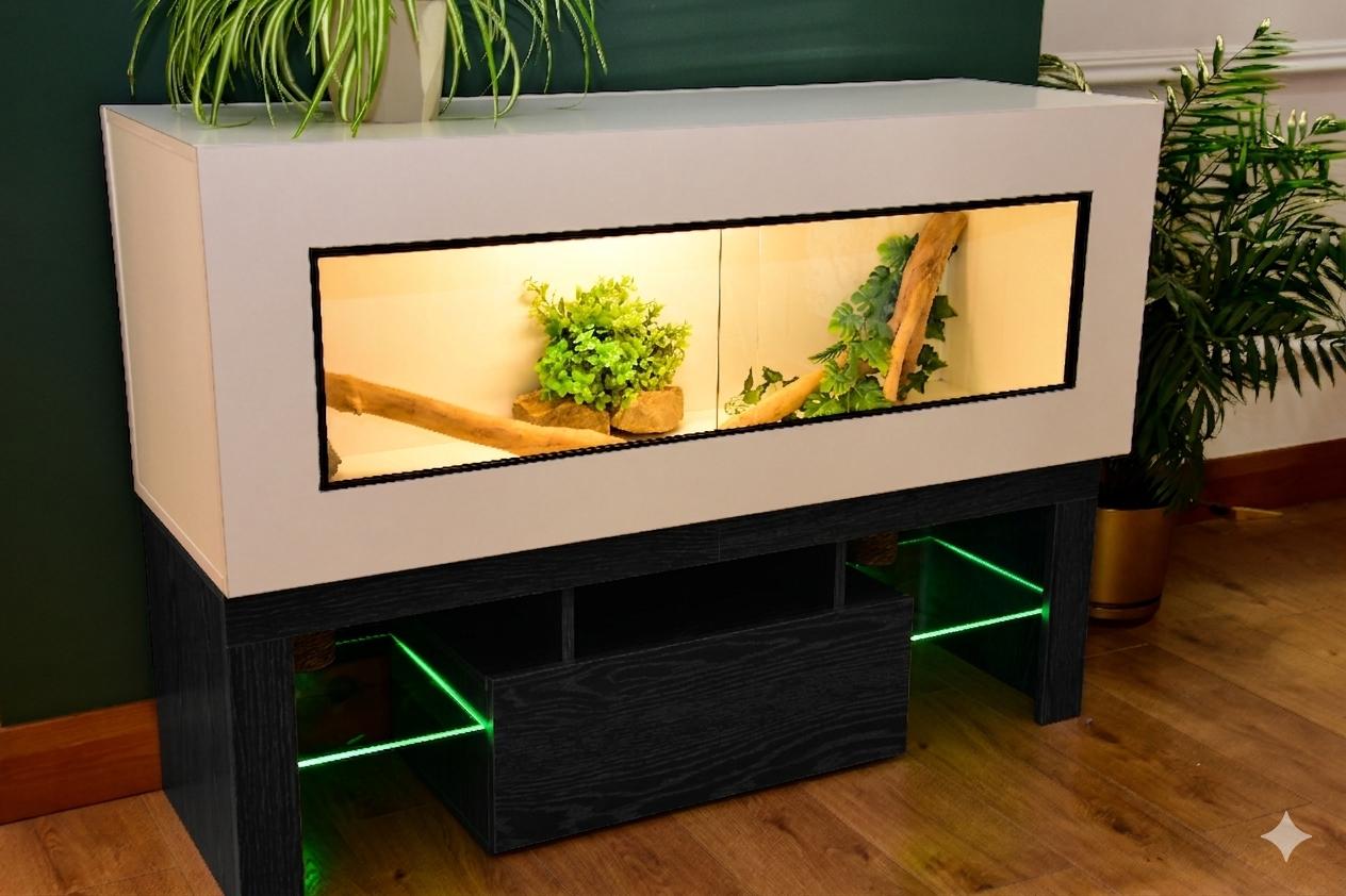 4ft Modern White Reptile Vivarium + Black LED Stand and Light Included