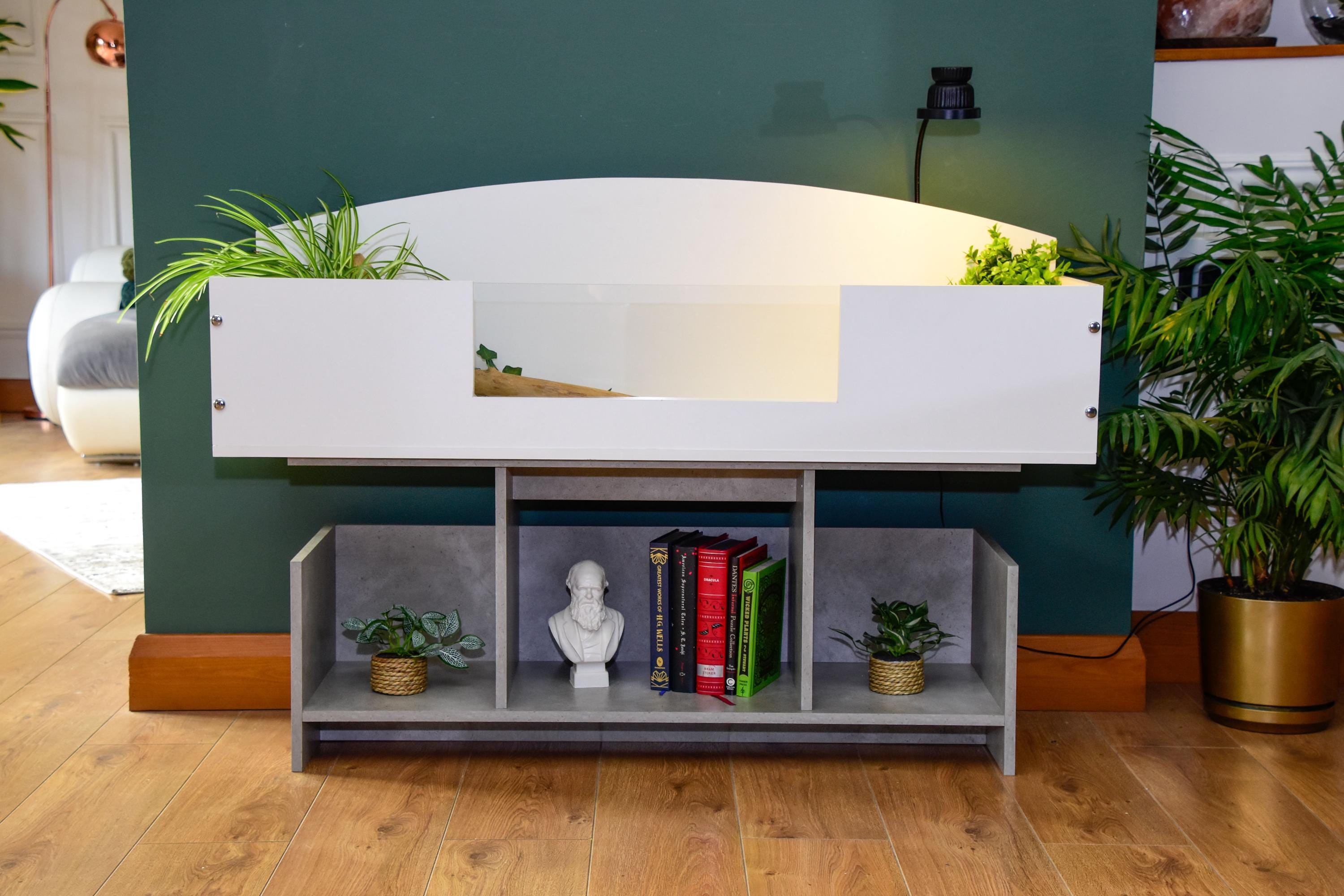 4ft x 16" x 15" Open Top Tortoise Table + Wide LED Grey Stone Stand and Glass Window