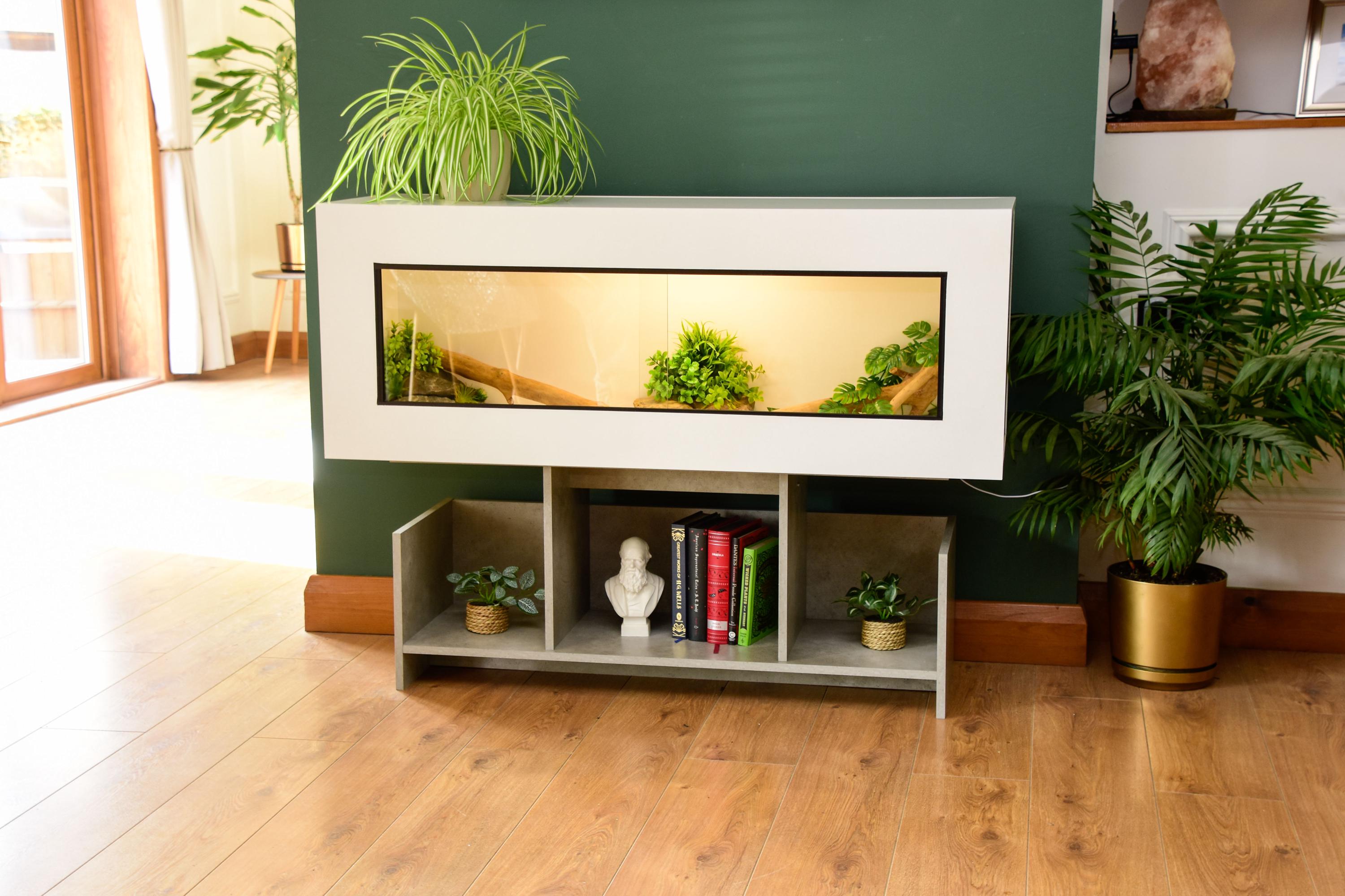4ft Modern White Reptile Vivarium + Wide Grey Stone Stand - LED Lights Included