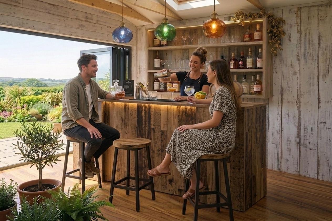 Old Wood Effect LED Home Bar with Stools (6ft)