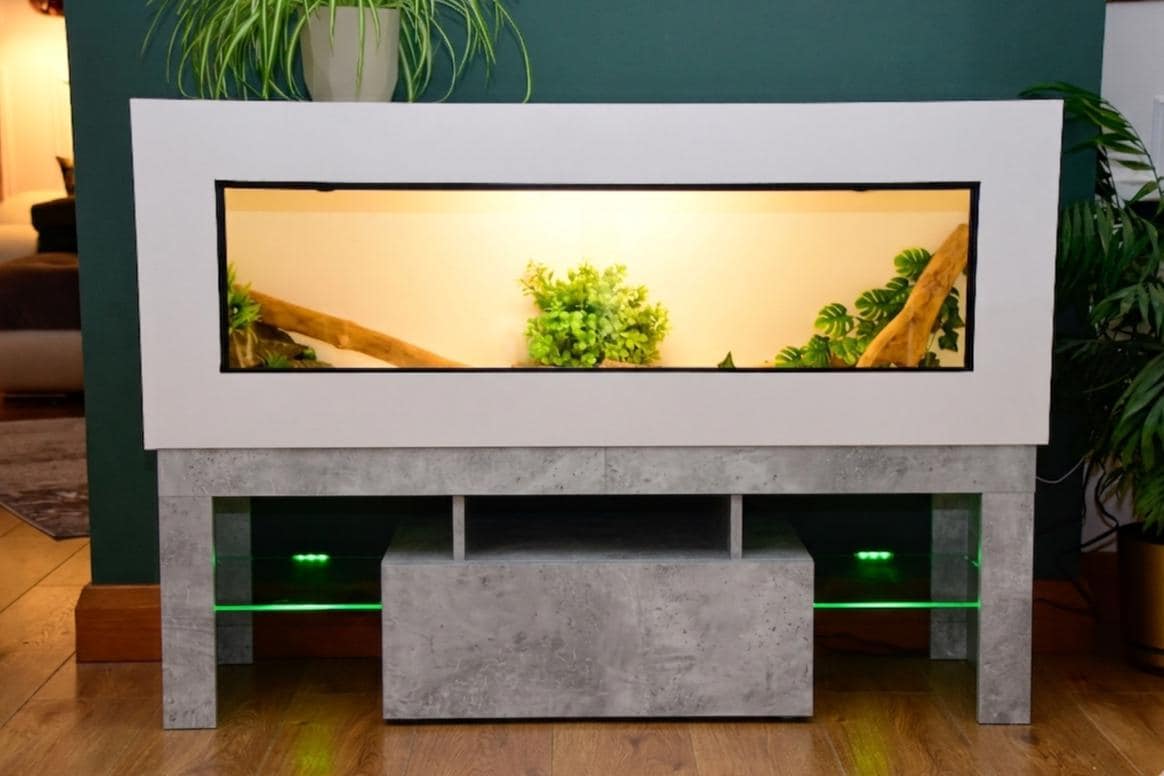 4ft Modern White Reptile Vivarium + Grey Stone Effect LED Stand and Light Included