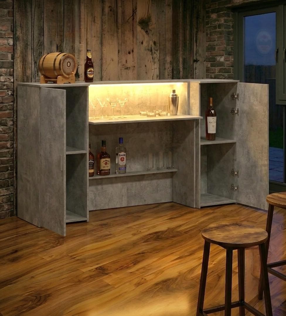 Grey Stone Effect LED Home Bar with Stools (6ft)