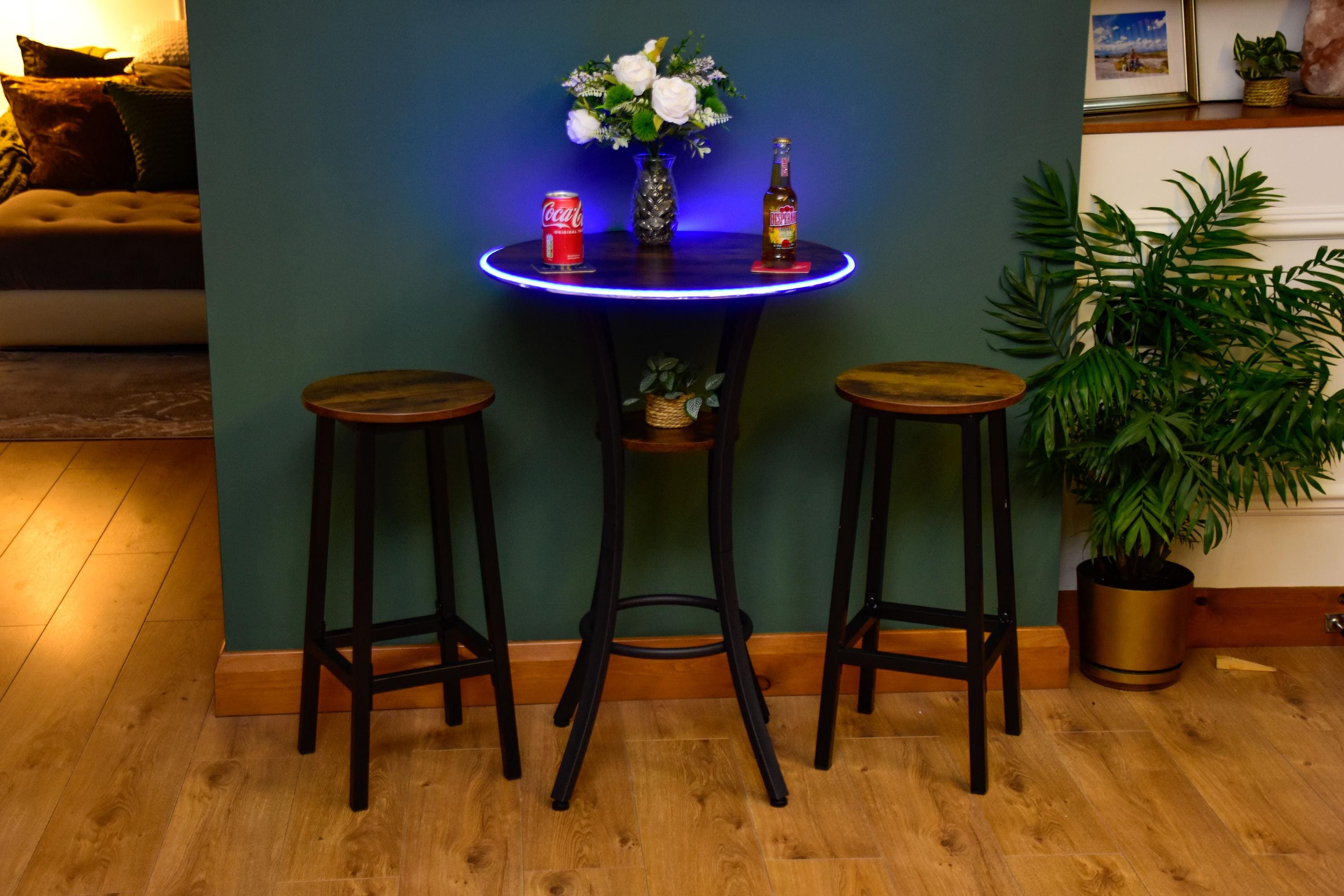 Rustic LED Round Industrial Dark Wood Bar Table with Matching Stools - For Bars, Restaurants & Home Dining
