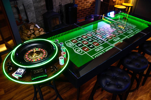 Casino-style roulette table with LED  Lighting in a Dimly Lit Room