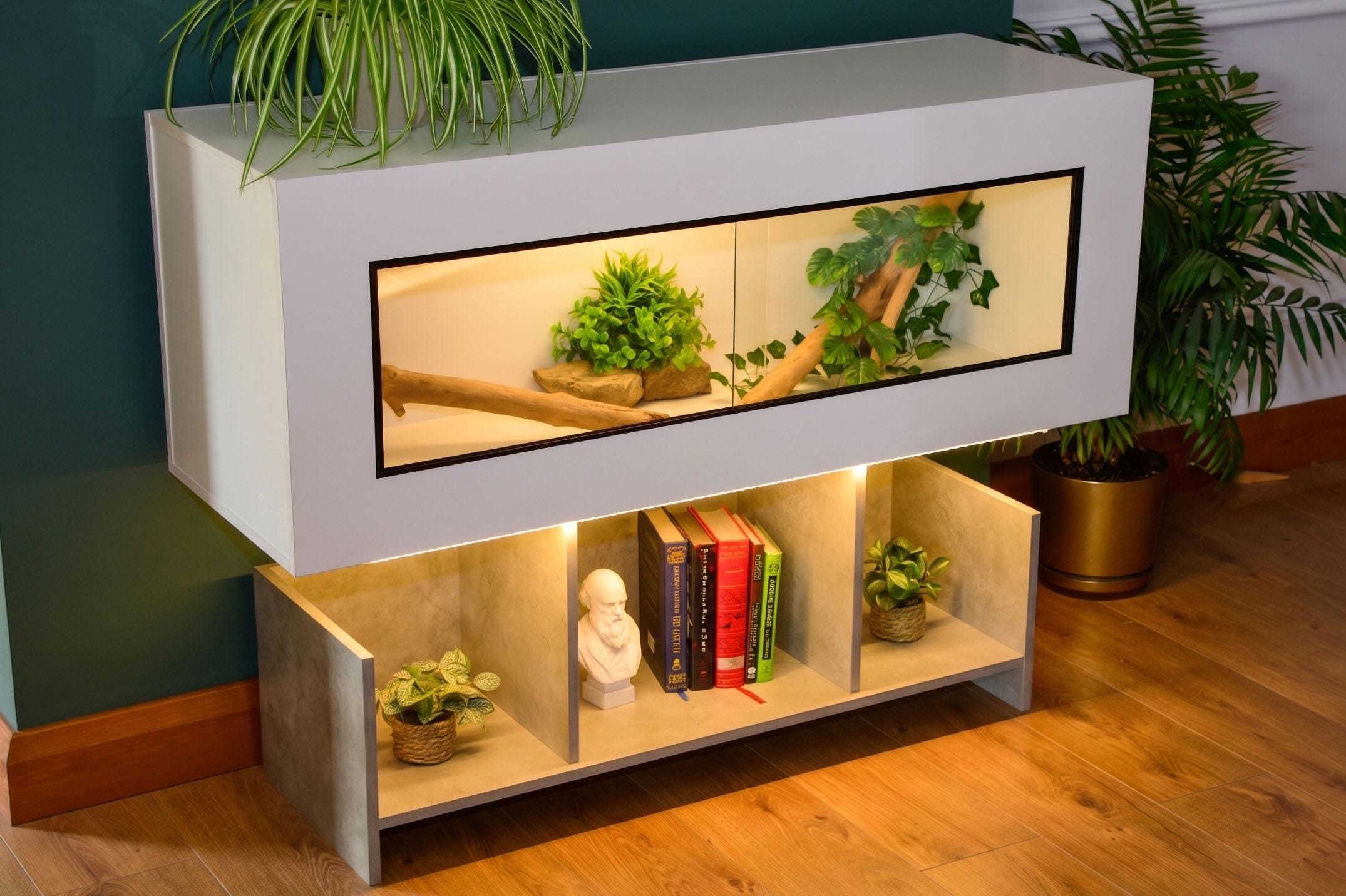 4ft Modern White Reptile Vivarium + Wide Grey Stone Stand - LED Lights Included