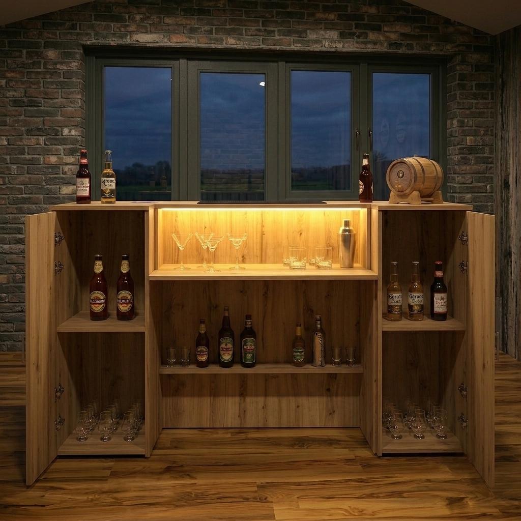 Oak Effect LED Home Bar with Stools (6ft)