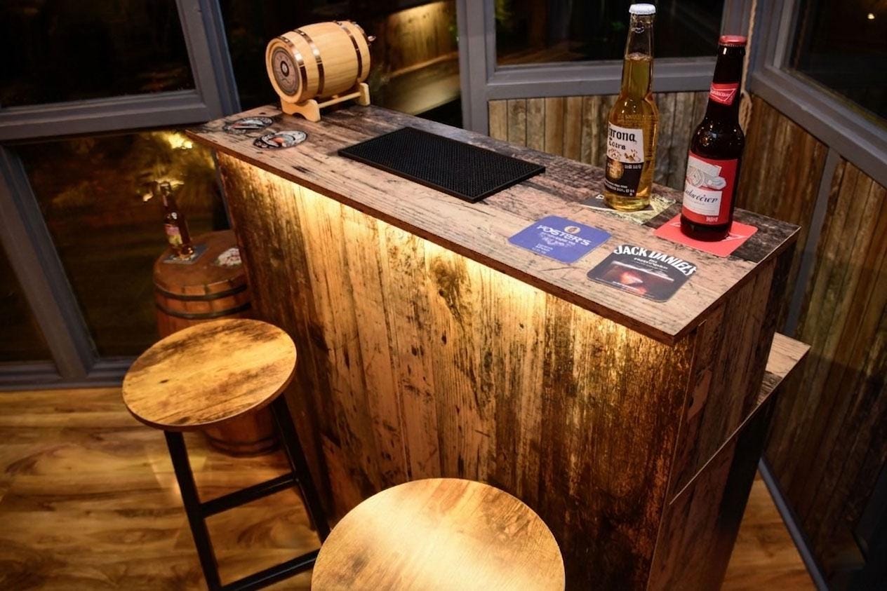 Old Wood Effect LED Home Bar with Matching Stools (1m)