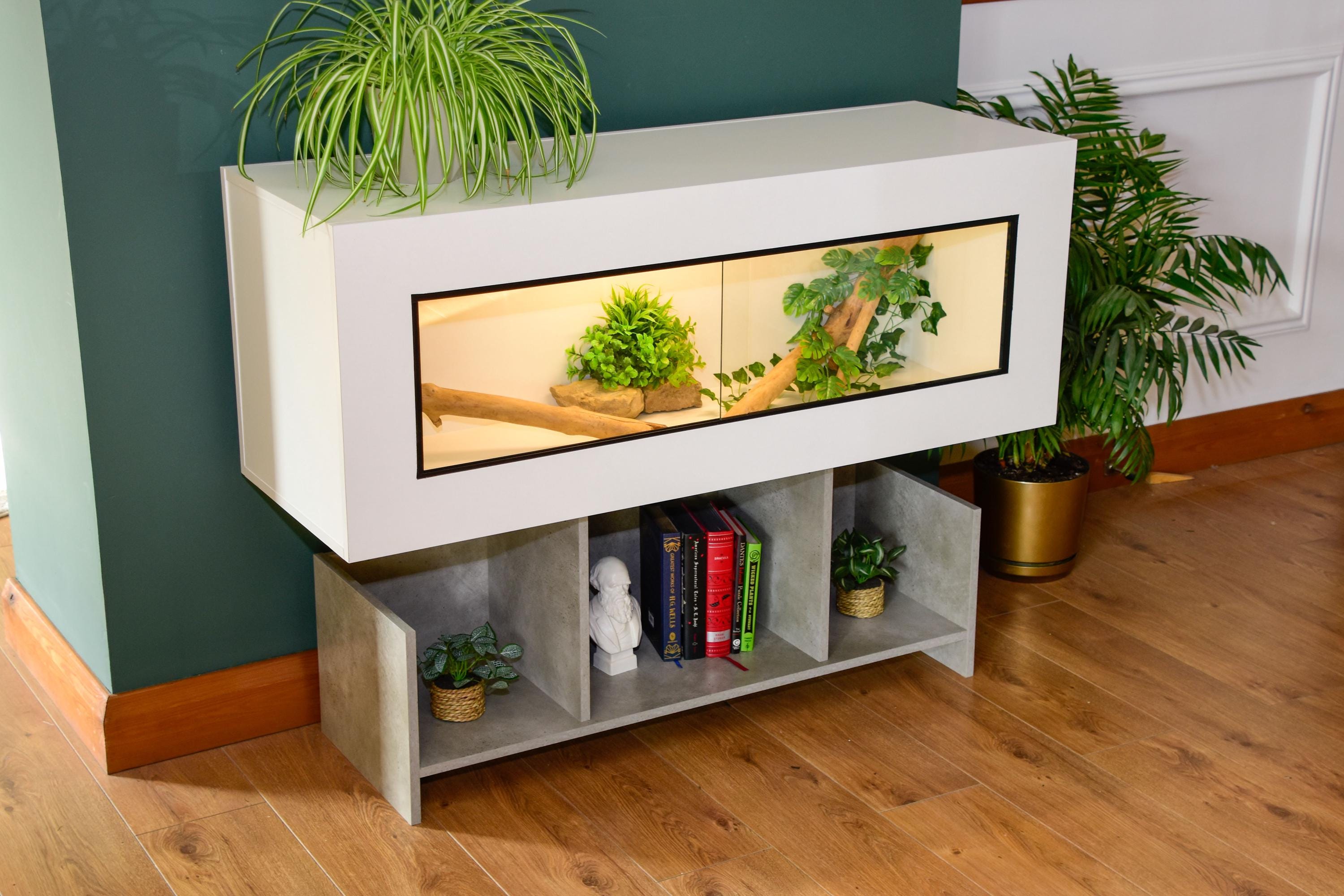 4ft Modern White Reptile Vivarium + Wide Grey Stone Stand - LED Lights Included