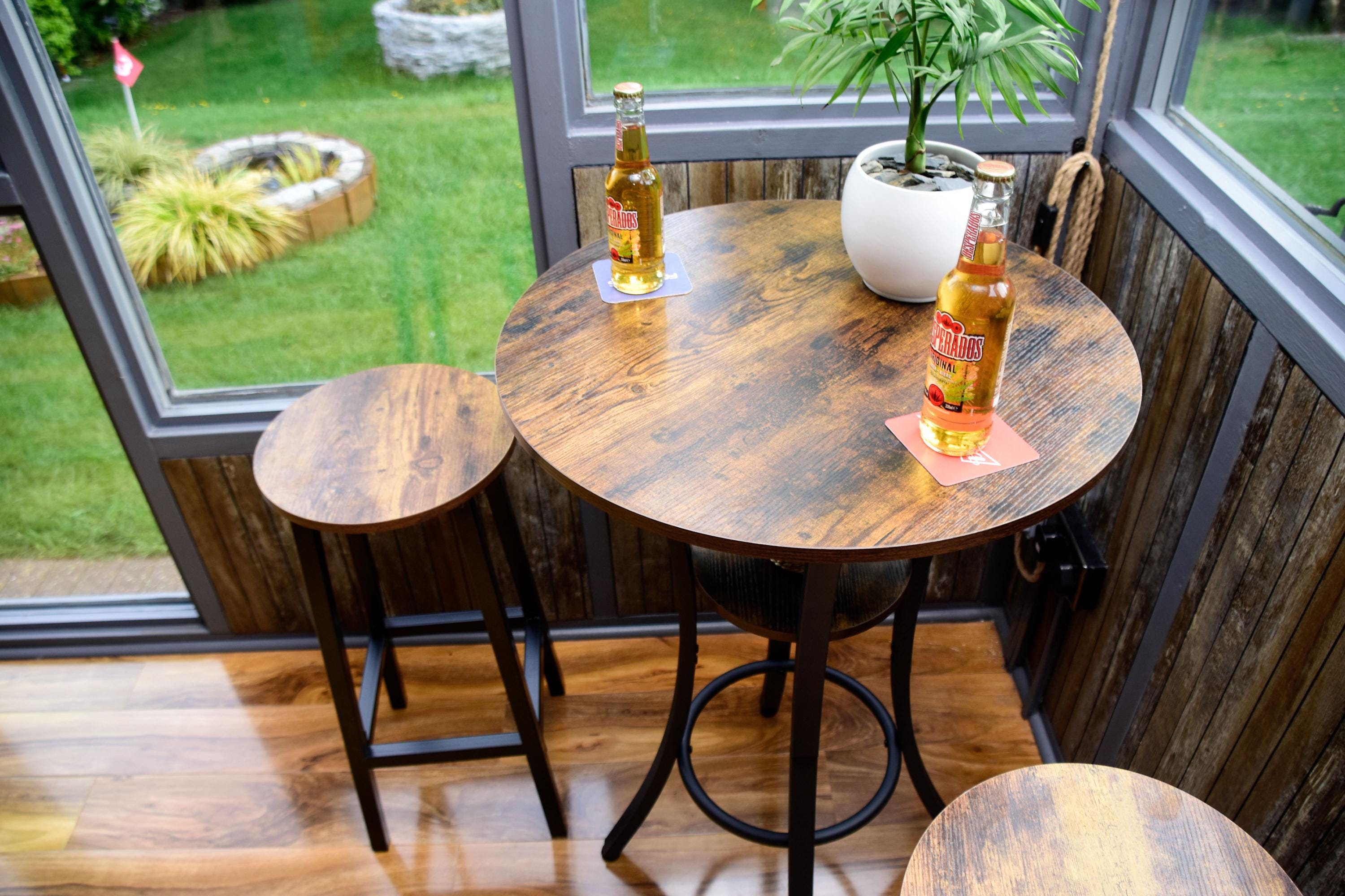 Rustic Round Industrial Dark Wood Bar Table with Matching Stools - For Bars, Restaurants & Home Dining