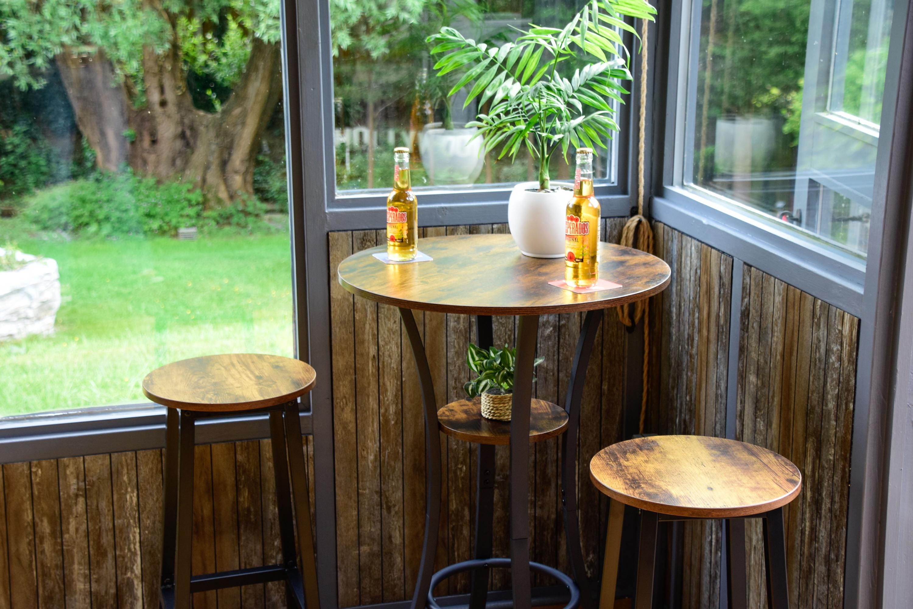 Rustic Round Industrial Dark Wood Bar Table with Matching Stools - For Bars, Restaurants & Home Dining