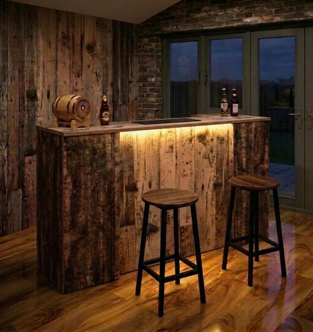 Old Wood Effect LED Home Bar with Stools (6ft)
