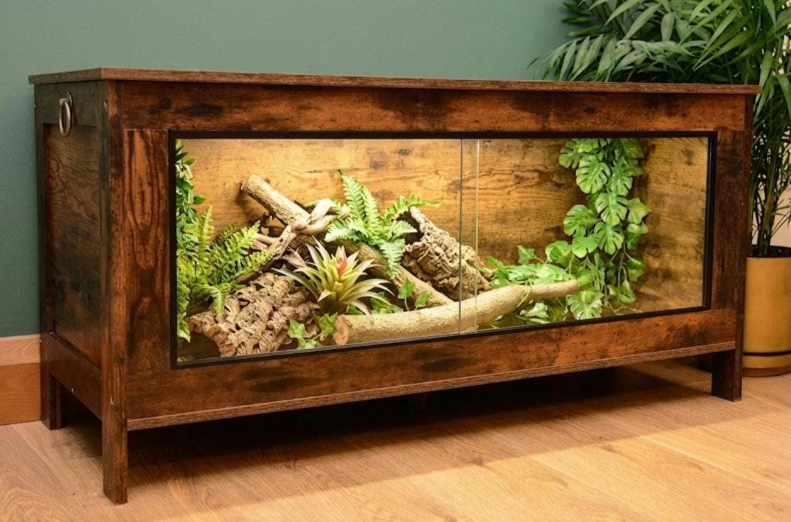 Dark Wood Vivarium / Tortoise House - Hinged Lid + Glass Doors - 1m (Between 3-4ft) - LED Light Included